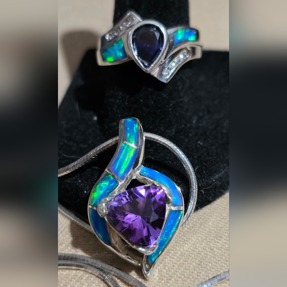 Silver Necklace Pendant with Amethyst and Blue-Green Opal Inlay